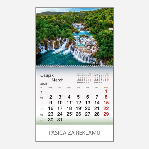 Zidni kalendar Plavo zelena Hrvatska 2026 – ožujak