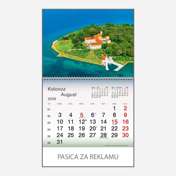 Zidni kalendar Plavo zelena Hrvatska 2026 – kolovoz
