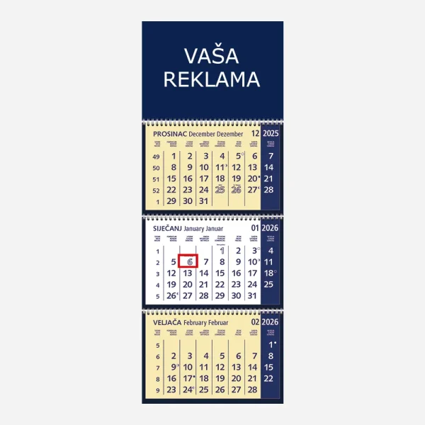Trodjelni kalendar 3 spirale 2026 – plavi Trodjelni kalendar 3 spirale 2026 – plavi