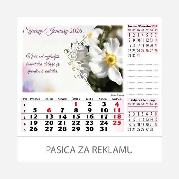Stolni kalendar Cvijeće 2026 – siječanj