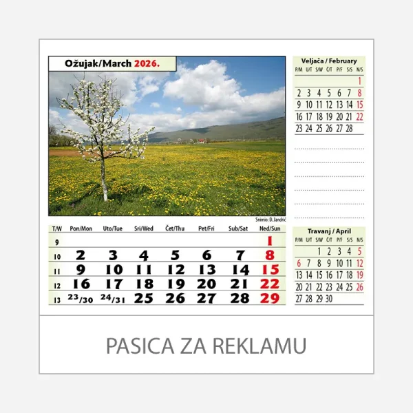 Stolni kalendar Zeleno plava Hrvatska 2026 – ožujak