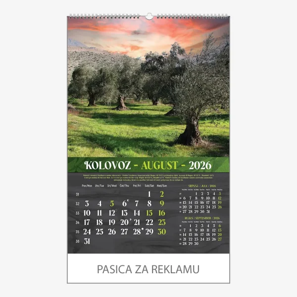 Zidni kalendar Masline 2026 – kolovoz